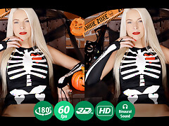 What comes into your mind when you hear about Halloween? I guess you think about costumes, masks, spooky treats, crazy dances, and games? This blonde decides to go further and to finish the night with something more pleasant. So, she performs a passionate dance in her sexy outfit of a skeleton, frees her boyfriend`s dick out of pants and takes it into her mouth. Blonde hottie does not forget to undress while moving her sweet lips up and down the erected shaft and soon she finds herself riding the cock like a crazy cowgirl.video